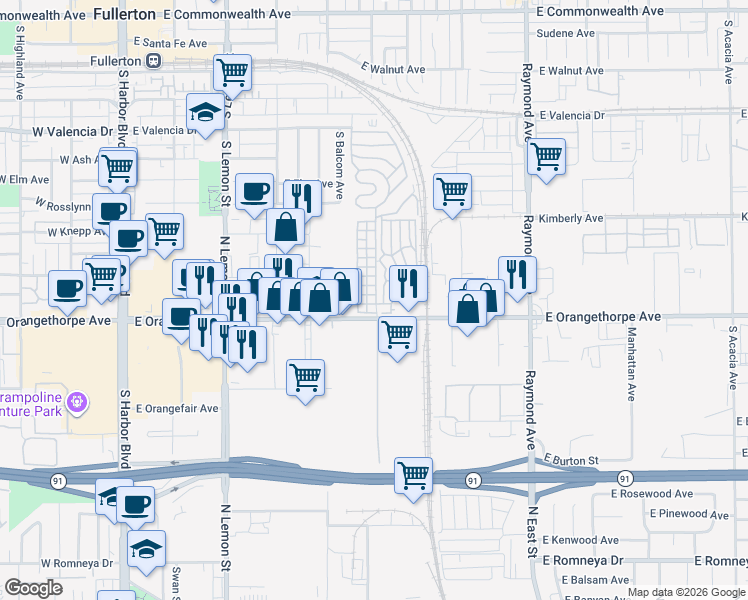 map of restaurants, bars, coffee shops, grocery stores, and more near 27 Cypress Via in Anaheim