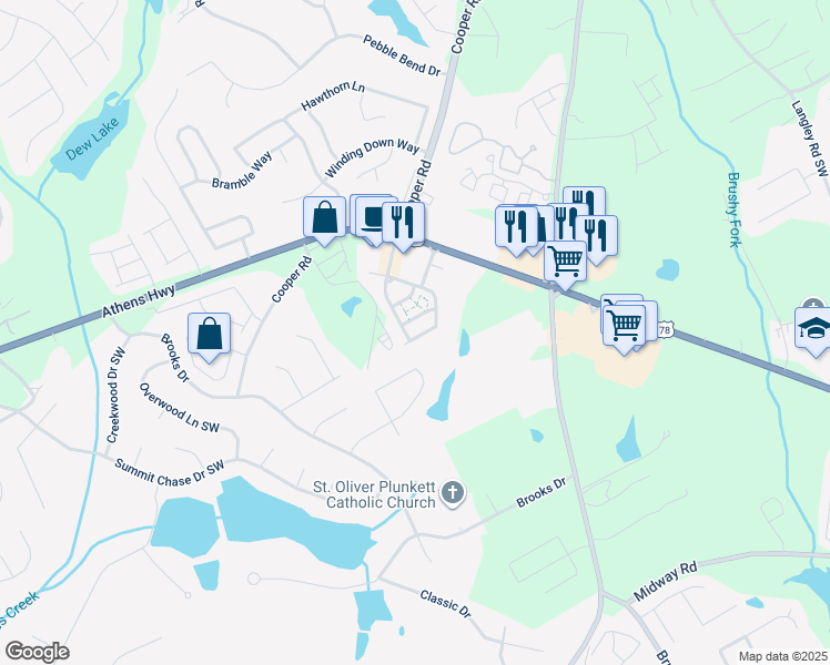 map of restaurants, bars, coffee shops, grocery stores, and more near 1388 Ben Park Way in Snellville