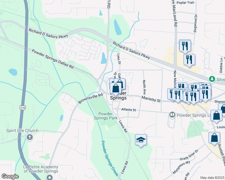 map of restaurants, bars, coffee shops, grocery stores, and more near 4484 Marietta Street in Powder Springs
