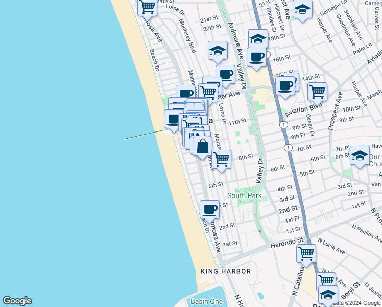 map of restaurants, bars, coffee shops, grocery stores, and more near 58 10th Court in Hermosa Beach