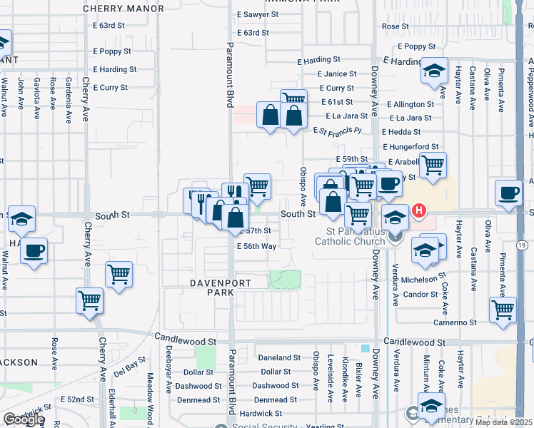 map of restaurants, bars, coffee shops, grocery stores, and more near 6635 North Orizaba Avenue in Long Beach