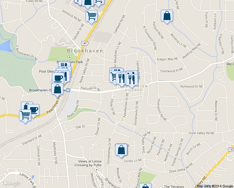 map of restaurants, bars, coffee shops, grocery stores, and more near 1404 Towne Estates Drive Northeast in Atlanta