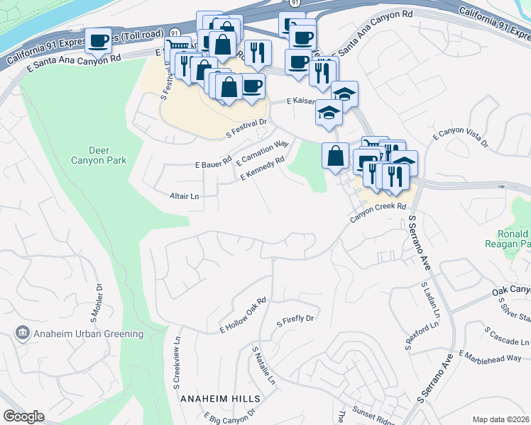 map of restaurants, bars, coffee shops, grocery stores, and more near 7715 East Bridgewood Drive in Anaheim