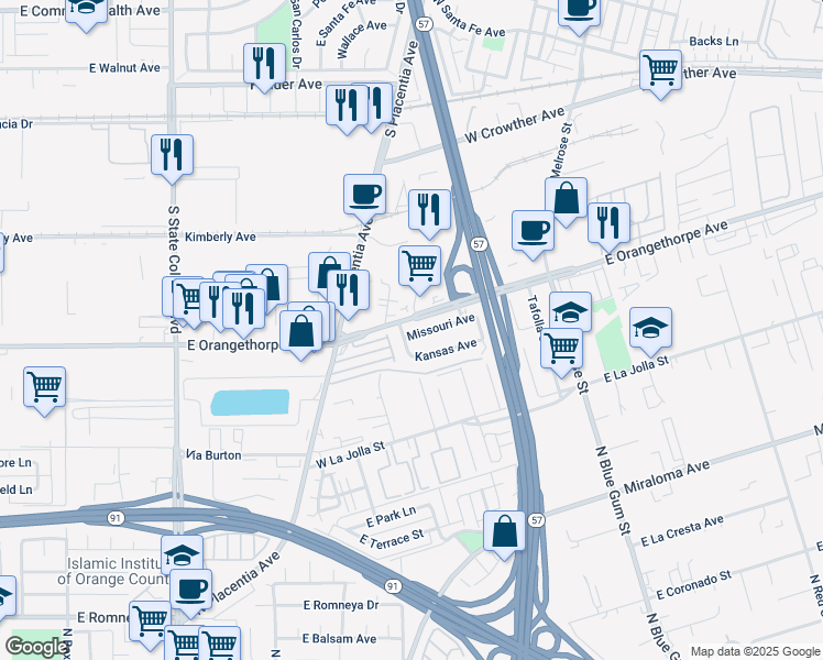 map of restaurants, bars, coffee shops, grocery stores, and more near 825 Ohio Avenue in Placentia