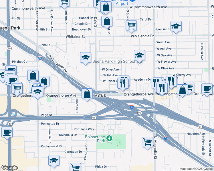 map of restaurants, bars, coffee shops, grocery stores, and more near 6914 Dale Street in Buena Park