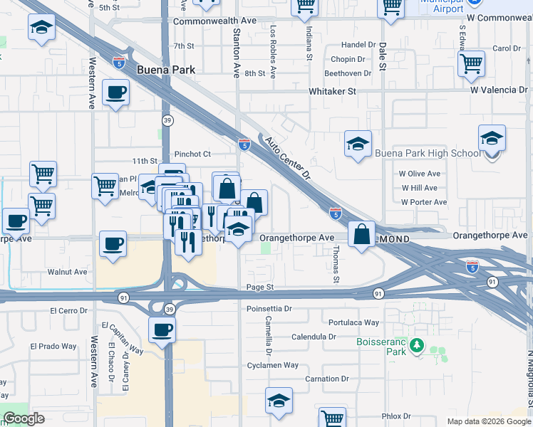 map of restaurants, bars, coffee shops, grocery stores, and more near 6952 Oregon Street in Buena Park