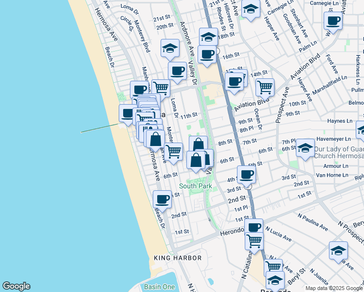 map of restaurants, bars, coffee shops, grocery stores, and more near 751 Loma Drive in Hermosa Beach