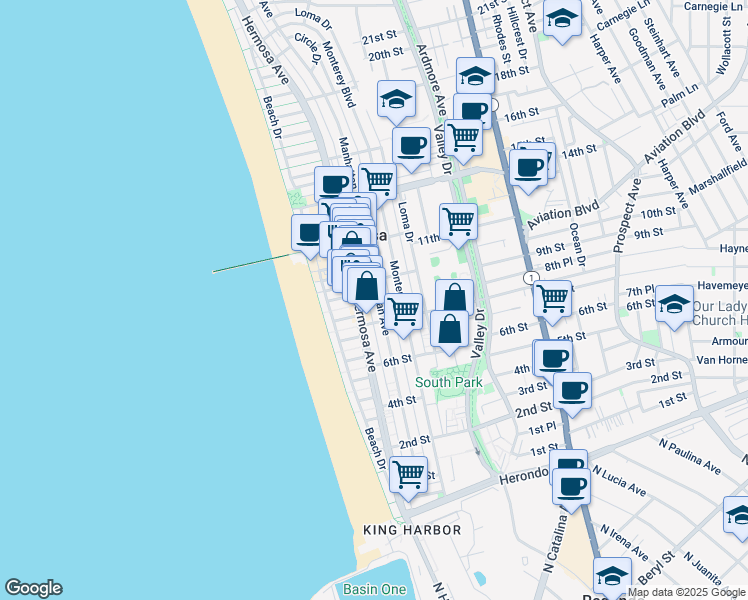 map of restaurants, bars, coffee shops, grocery stores, and more near in Hermosa Beach