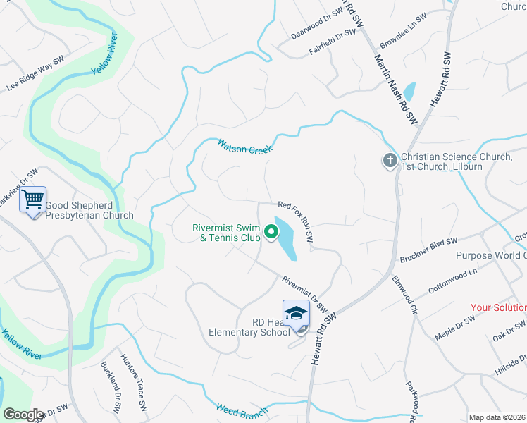 map of restaurants, bars, coffee shops, grocery stores, and more near 1585 Stonelake Trail Southwest in Lilburn