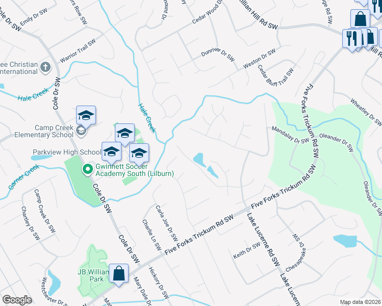 map of restaurants, bars, coffee shops, grocery stores, and more near 4785 Admiral Ridge Way Southwest in Lilburn