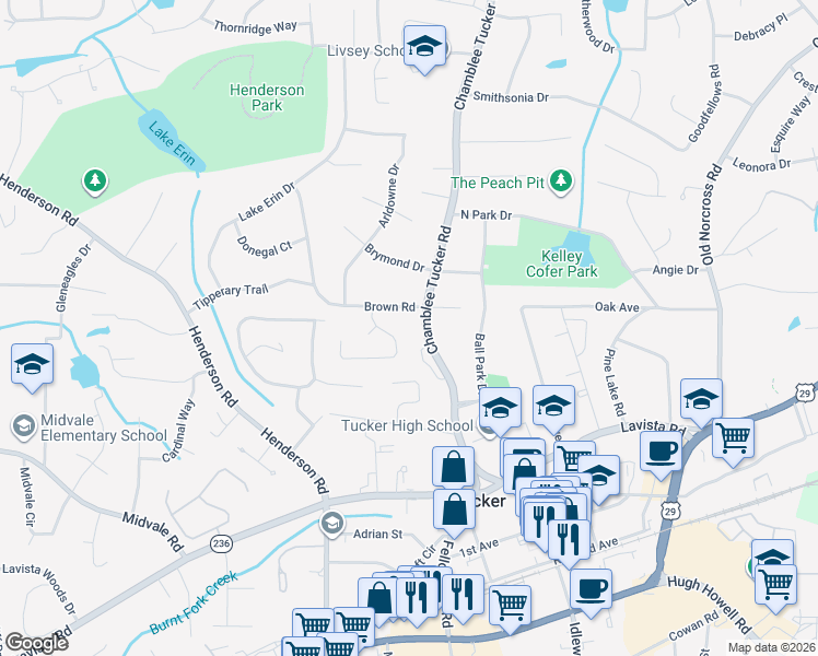 map of restaurants, bars, coffee shops, grocery stores, and more near 4969 Chamblee Tucker Road in Tucker