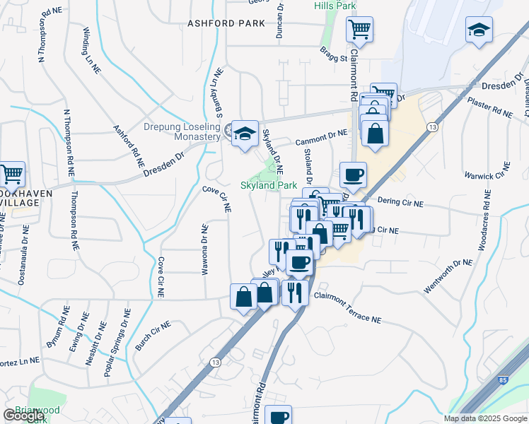 map of restaurants, bars, coffee shops, grocery stores, and more near 2509 Skyland Trail Northeast in Atlanta