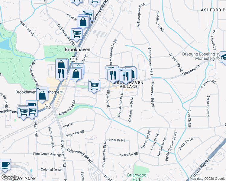 map of restaurants, bars, coffee shops, grocery stores, and more near 1404 Towne Estates Drive Northeast in Atlanta