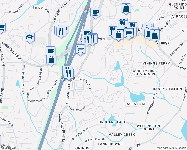 map of restaurants, bars, coffee shops, grocery stores, and more near 2618 Paces Place in Atlanta