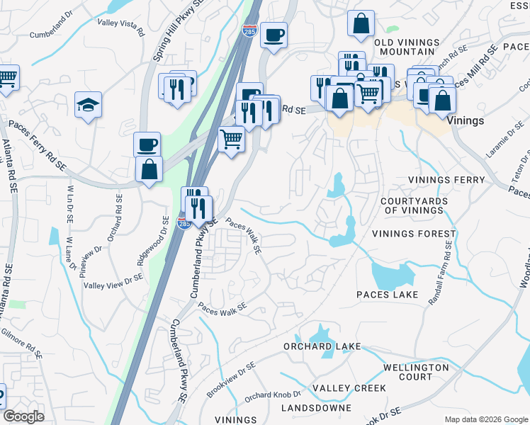 map of restaurants, bars, coffee shops, grocery stores, and more near 2400 Cumberland Parkway Southeast in Atlanta