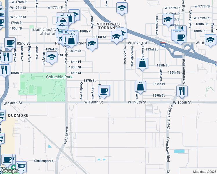 map of restaurants, bars, coffee shops, grocery stores, and more near 18815 Fonthill Avenue in Torrance