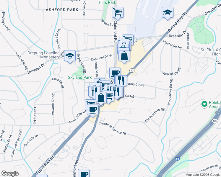 map of restaurants, bars, coffee shops, grocery stores, and more near 3976 Buford Highway Northeast in Atlanta