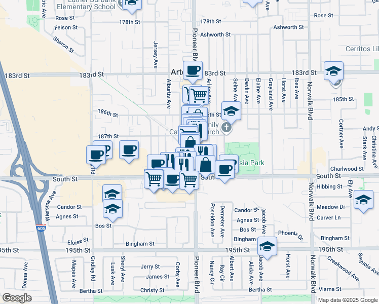 map of restaurants, bars, coffee shops, grocery stores, and more near 11740 188th Street in Artesia