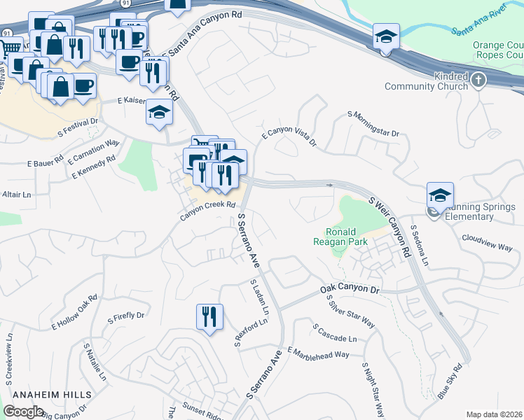 map of restaurants, bars, coffee shops, grocery stores, and more near 840 South Orchid Lane in Anaheim