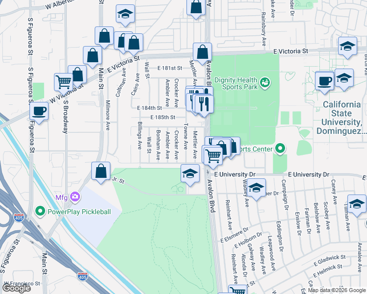 map of restaurants, bars, coffee shops, grocery stores, and more near 18813 Crocker Avenue in Carson