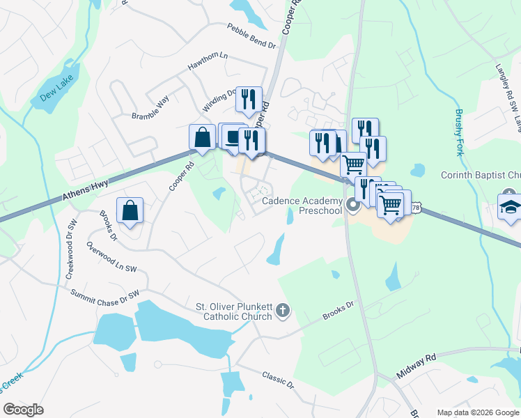 map of restaurants, bars, coffee shops, grocery stores, and more near 1096 Masters Lane in Snellville