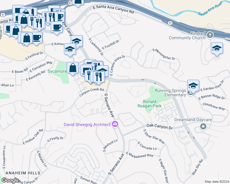 map of restaurants, bars, coffee shops, grocery stores, and more near 820 South Wildflower Lane in Anaheim