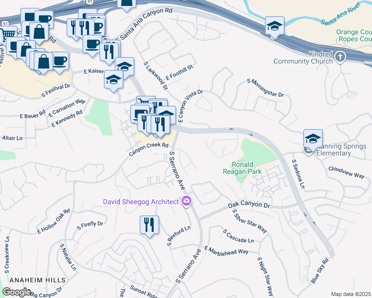 map of restaurants, bars, coffee shops, grocery stores, and more near 820 South Wildflower Lane in Anaheim