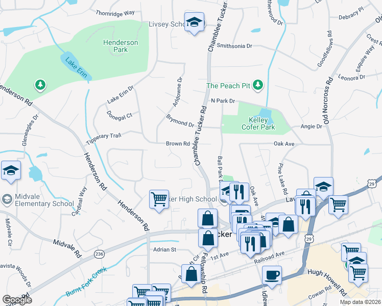 map of restaurants, bars, coffee shops, grocery stores, and more near 4969 Chamblee Tucker Road in Tucker