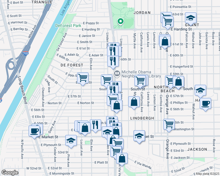 map of restaurants, bars, coffee shops, grocery stores, and more near 5808 Linden Avenue in Long Beach