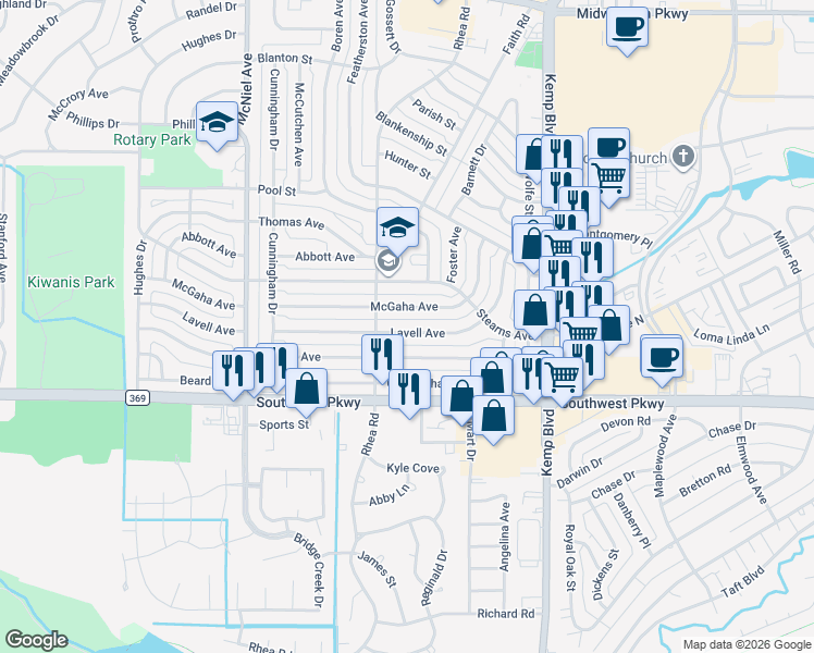 map of restaurants, bars, coffee shops, grocery stores, and more near 2944 Moffett Avenue in Wichita Falls