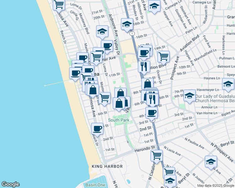 map of restaurants, bars, coffee shops, grocery stores, and more near 820 Cypress Avenue in Hermosa Beach