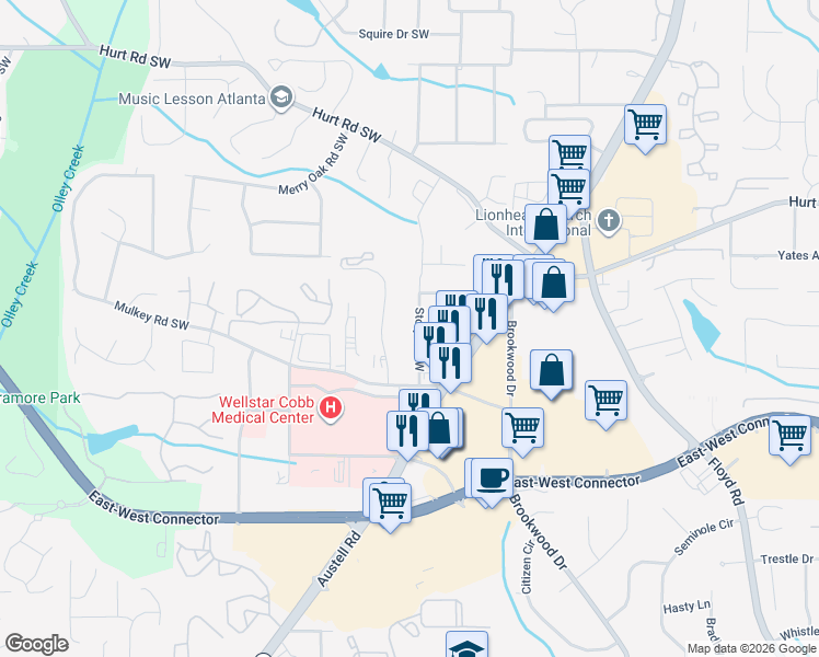 map of restaurants, bars, coffee shops, grocery stores, and more near 3824 Story Drive Southwest in Marietta
