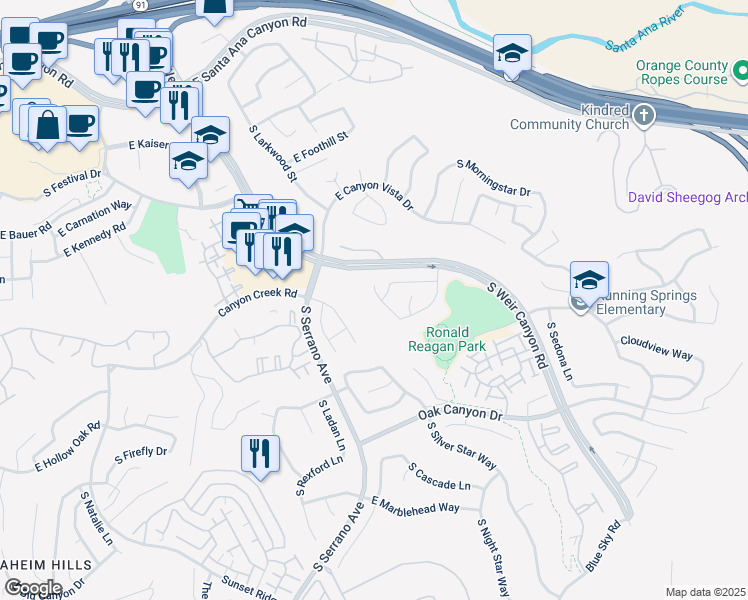 map of restaurants, bars, coffee shops, grocery stores, and more near 823 South Parkglen Place in Anaheim