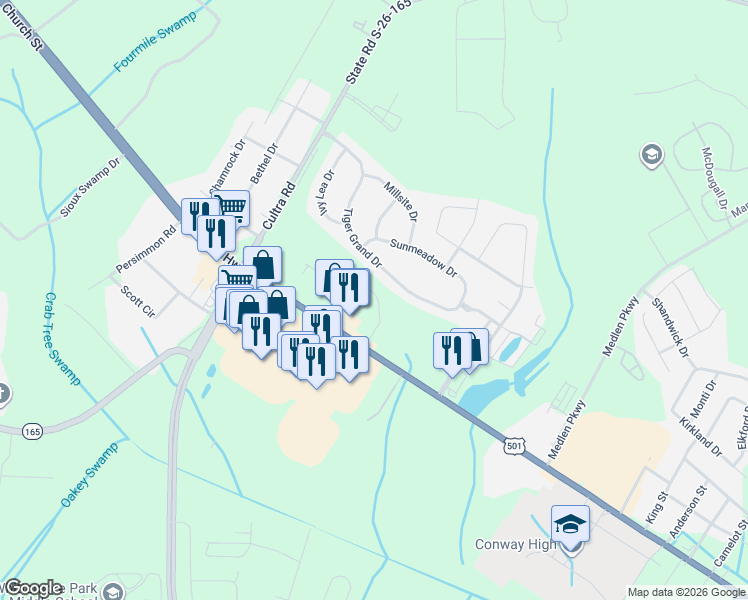 map of restaurants, bars, coffee shops, grocery stores, and more near 2600 Church Street in Conway