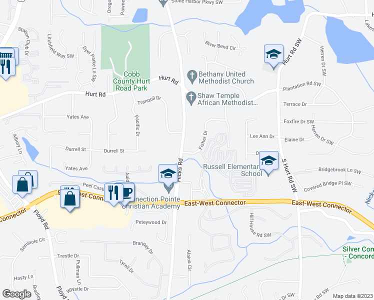 map of restaurants, bars, coffee shops, grocery stores, and more near 3867 Hicks Road in Austell