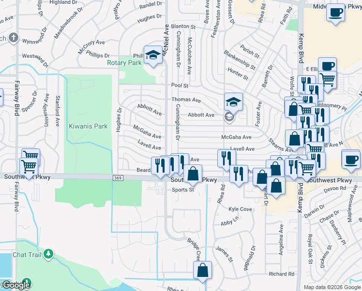map of restaurants, bars, coffee shops, grocery stores, and more near 4439 Cunningham Drive in Wichita Falls