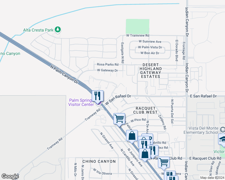 map of restaurants, bars, coffee shops, grocery stores, and more near 2800 Los Felices Circle East in Palm Springs