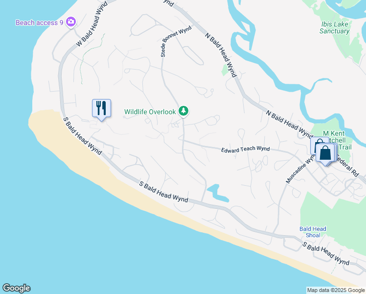 map of restaurants, bars, coffee shops, grocery stores, and more near 332 Stede Bonnet Wynd in Bald Head Island