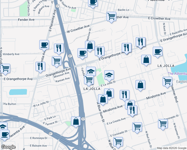 map of restaurants, bars, coffee shops, grocery stores, and more near 900 South Melrose Street in Placentia