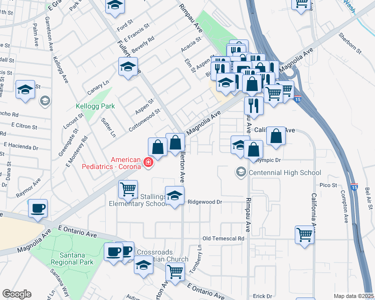 map of restaurants, bars, coffee shops, grocery stores, and more near 921 Boon Place in Corona