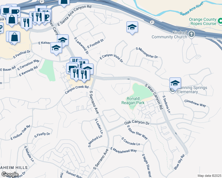 map of restaurants, bars, coffee shops, grocery stores, and more near 823 South Parkglen Place in Anaheim