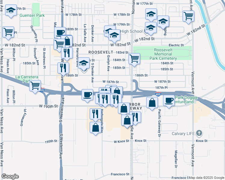 map of restaurants, bars, coffee shops, grocery stores, and more near 1460 187th Place in Gardena