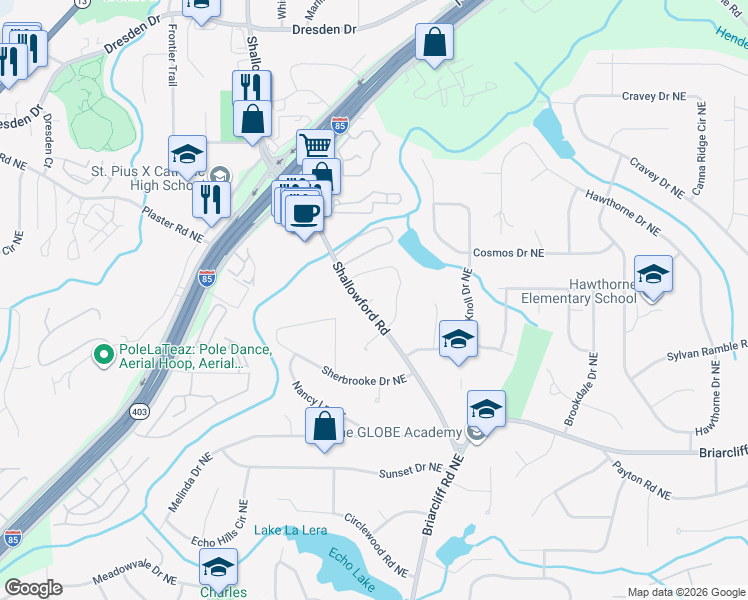 map of restaurants, bars, coffee shops, grocery stores, and more near 2620 Lake Flair Circle Northeast in Atlanta