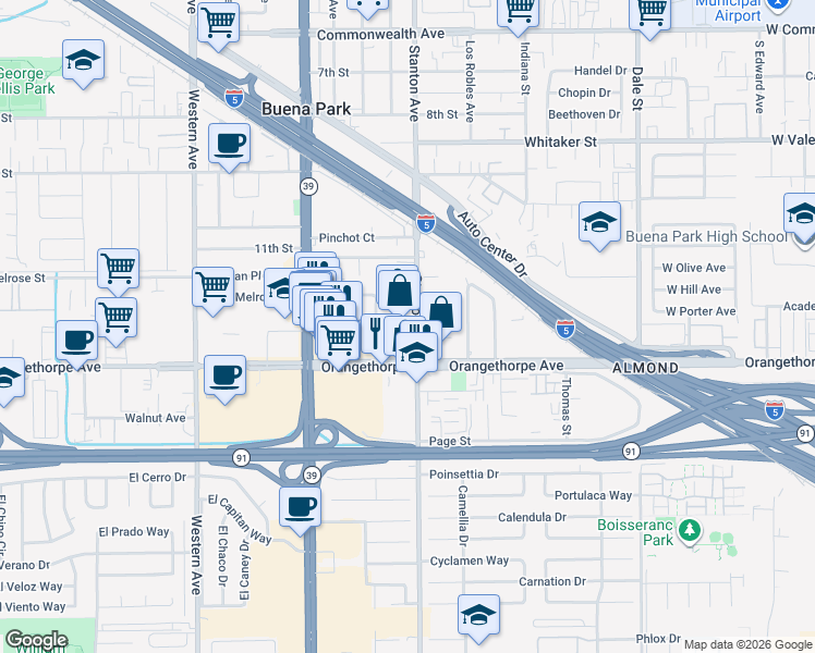 map of restaurants, bars, coffee shops, grocery stores, and more near 6841 Stanton Avenue in Buena Park