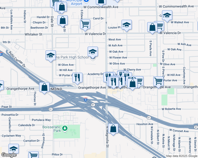 map of restaurants, bars, coffee shops, grocery stores, and more near 8900 Academy Drive in Buena Park