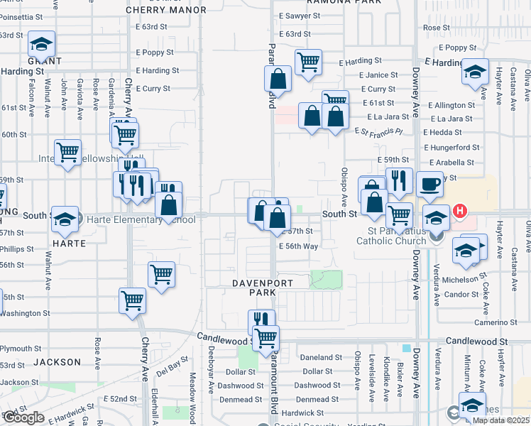 map of restaurants, bars, coffee shops, grocery stores, and more near 5811 Paramount Boulevard in Long Beach