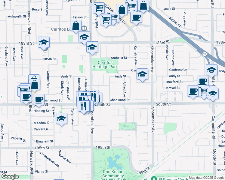 map of restaurants, bars, coffee shops, grocery stores, and more near 12718 Caravel Street in Cerritos