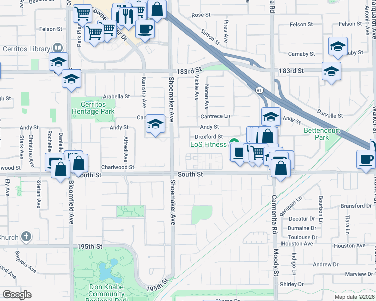 map of restaurants, bars, coffee shops, grocery stores, and more near 13042 Caravel Street in Cerritos