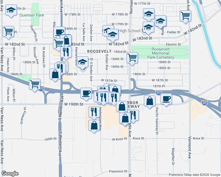 map of restaurants, bars, coffee shops, grocery stores, and more near 1460 187th Place in Gardena