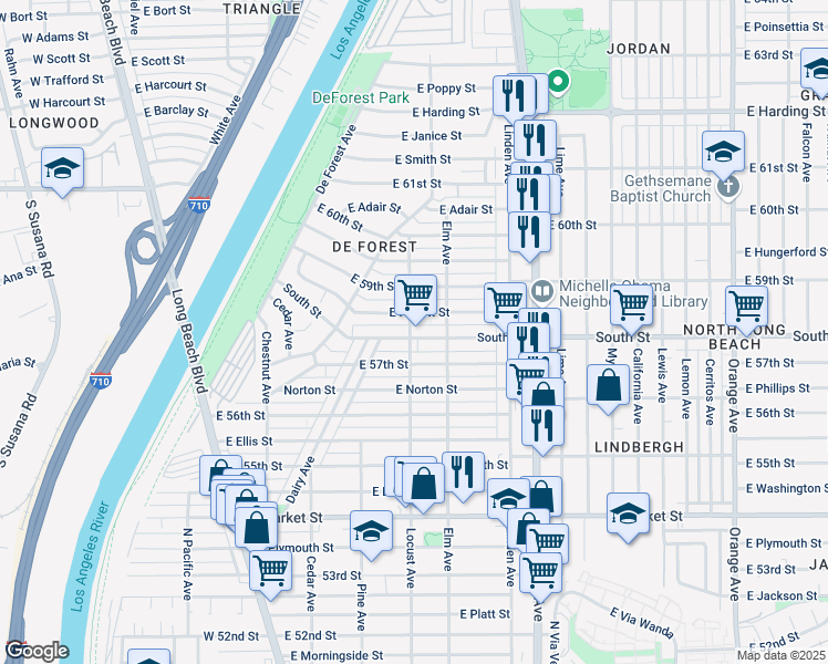map of restaurants, bars, coffee shops, grocery stores, and more near 321 East Hullett Street in Long Beach